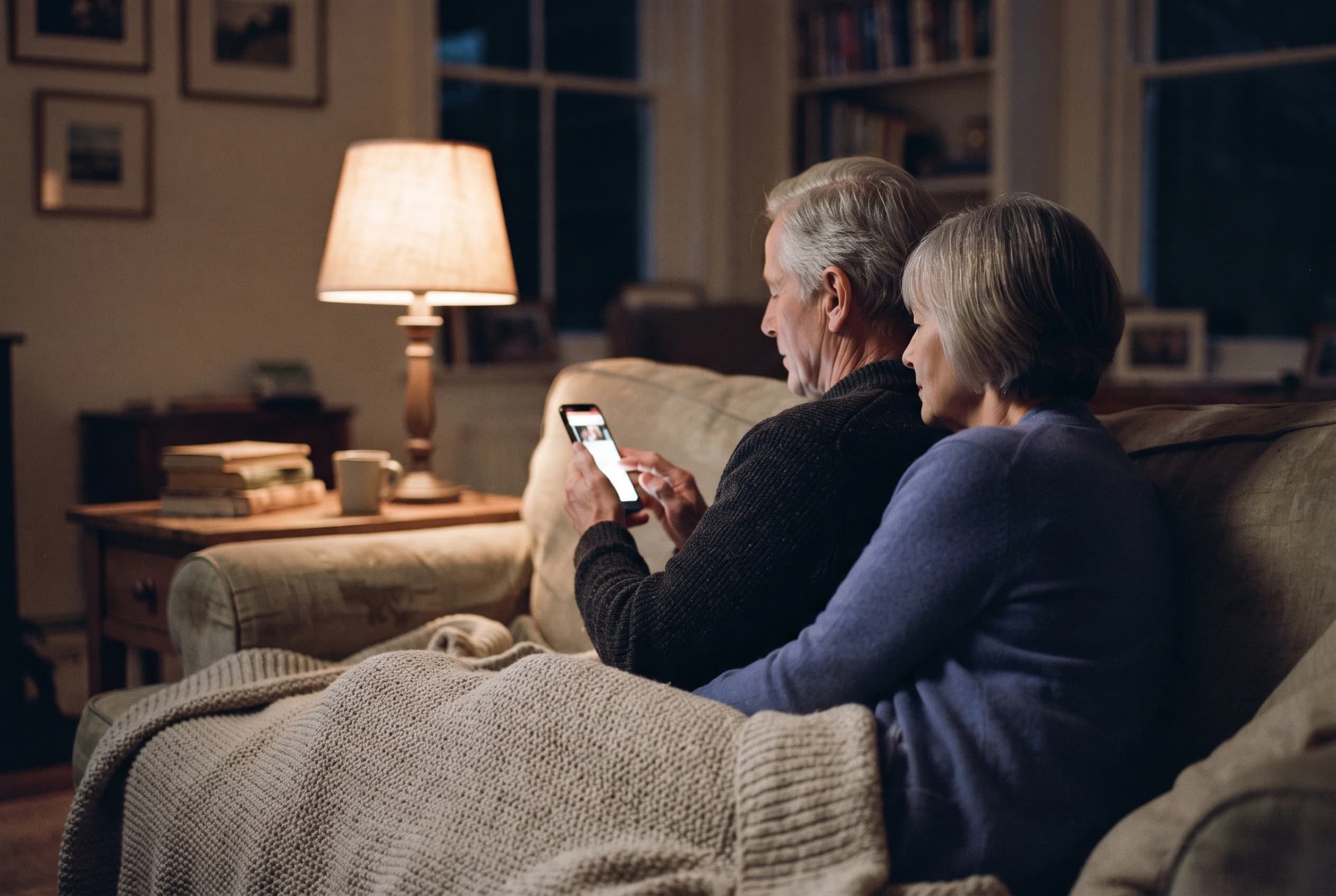 A man sitting beside his wife under a lamp, reading something on a phone.