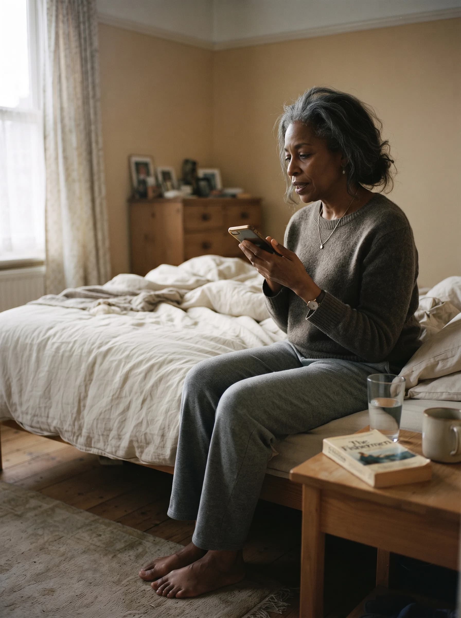 A woman speaking quietly toward a phone on a bedside table in early light.