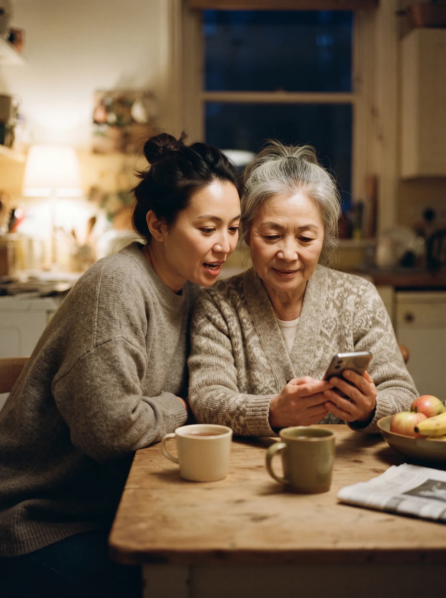 A mother and her adult daughter reading a phone together at an evening table.