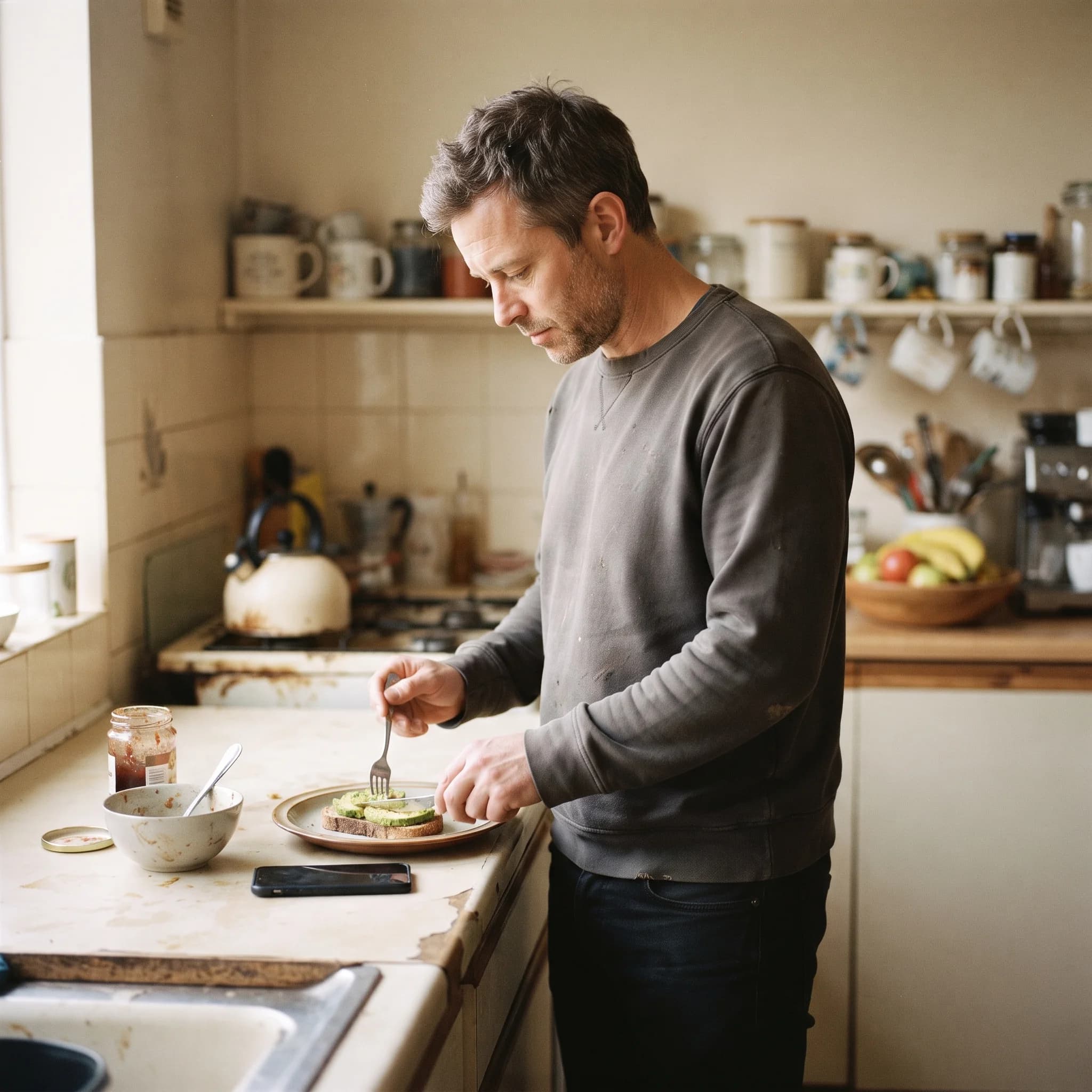 Someone making breakfast slowly in a bright kitchen.