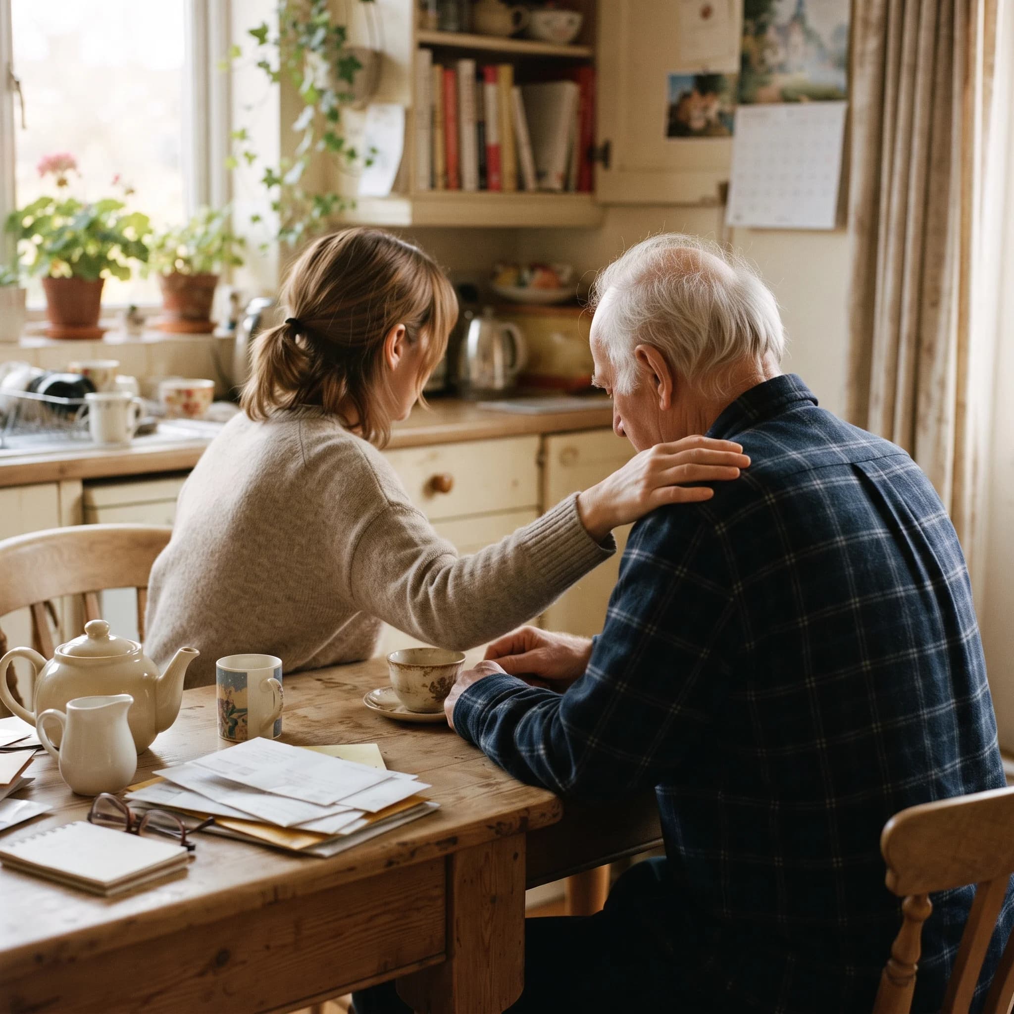 A daughter’s hand on her father’s shoulder, paperwork on the table between them.