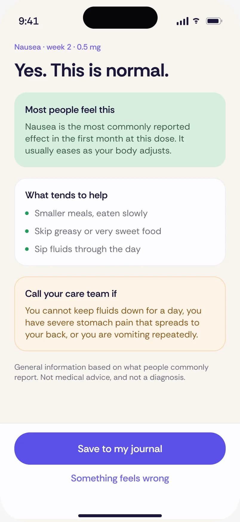 The Care Journal app answering a symptom question: what most people report, what tends to help, and when to call the care team.