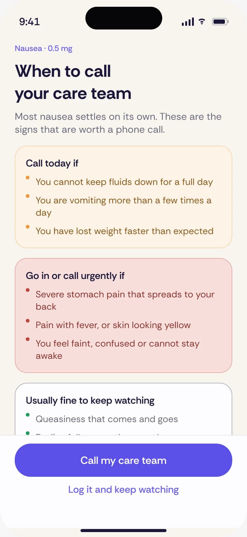 The Care Journal app naming the specific signs that are worth a phone call.